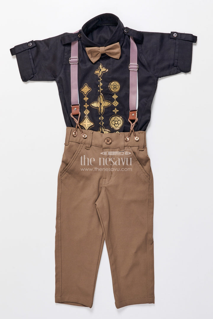 The Nesavu Boys Casual Set Toddler Boys Festive Cotton Outfit with Printed Shirt and Suspenders Nesavu Nesavu festive cotton outfit toddler boys printed shirt suspenders bow tie