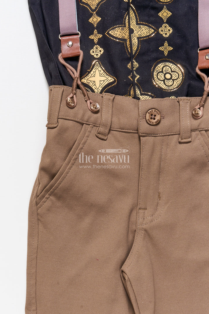 The Nesavu Boys Casual Set Toddler Boys Festive Cotton Outfit with Printed Shirt and Suspenders Nesavu Nesavu festive cotton outfit toddler boys printed shirt suspenders bow tie