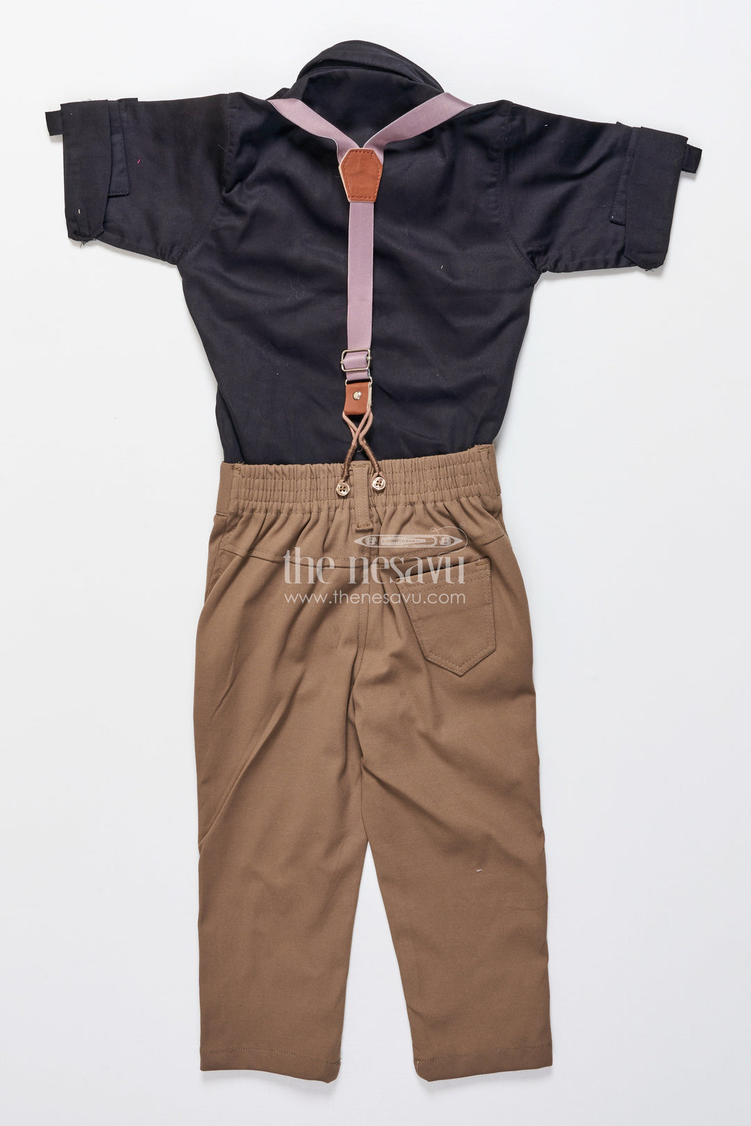 The Nesavu Boys Casual Set Toddler Boys Festive Cotton Outfit with Printed Shirt and Suspenders Nesavu Nesavu festive cotton outfit toddler boys printed shirt suspenders bow tie