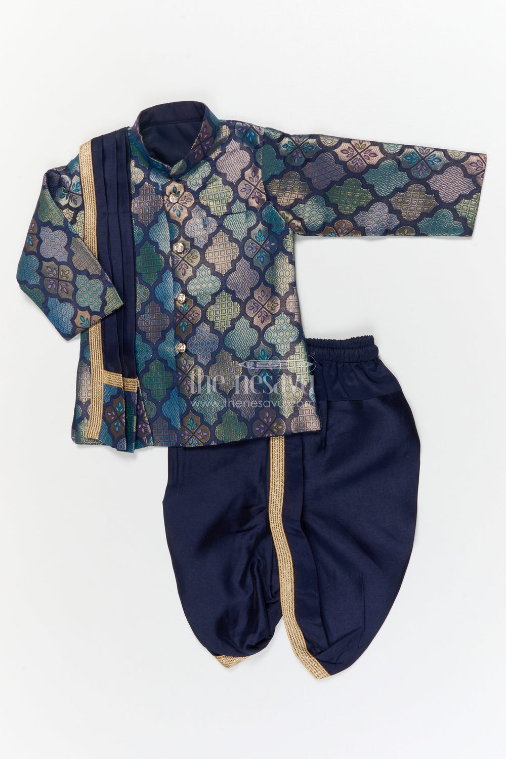 The Nesavu Boys Dothi Set Toddler Boys Festive Dhoti Kurta Set with Jacket-style Detailing Nesavu 12 (3M) / Blue / Banarasi BES949A-12 Nesavu toddler boys Banaras jacquard silk dhoti kurta set with jacket-style kurta for festive occasions