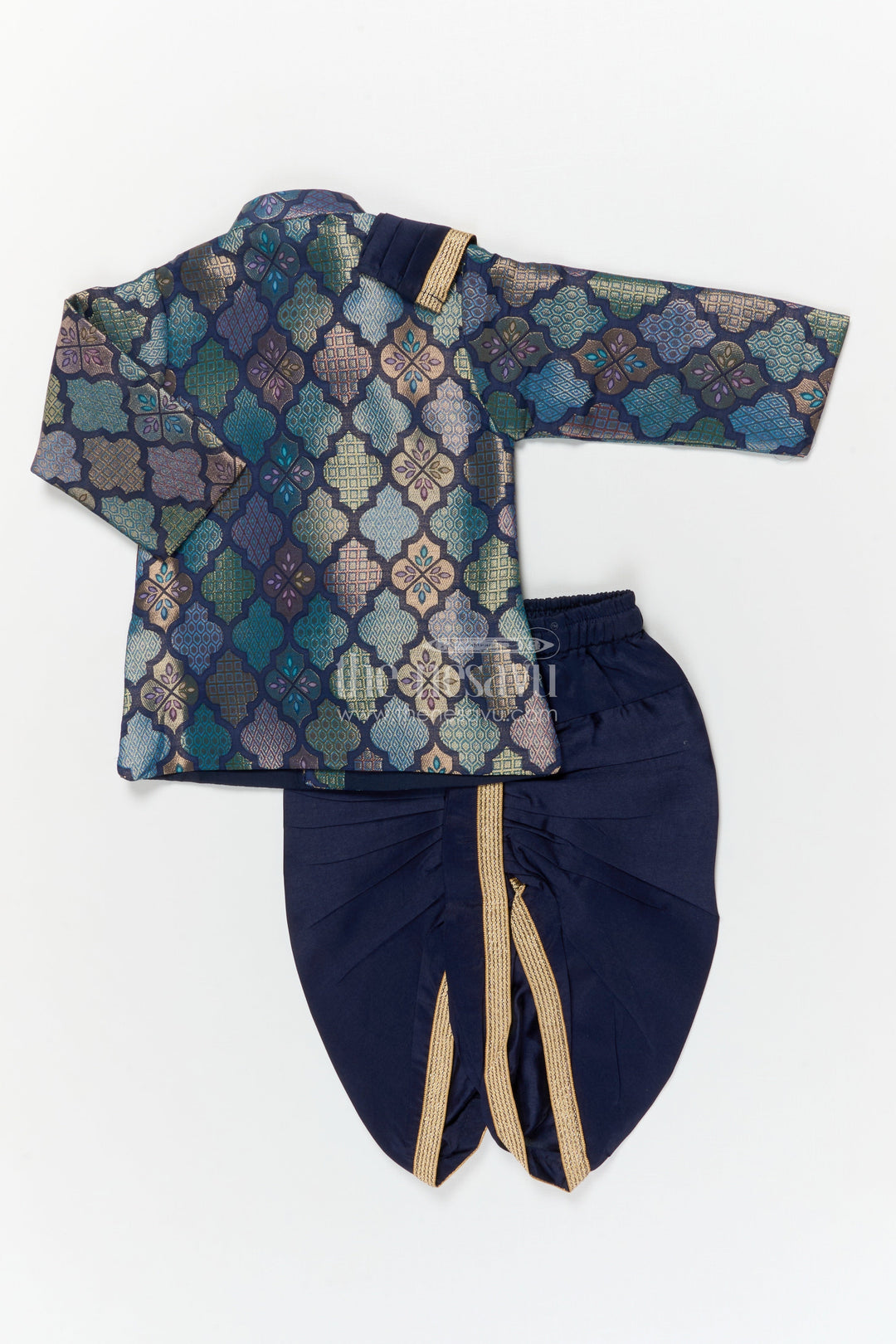 The Nesavu Boys Dothi Set Toddler Boys Festive Dhoti Kurta Set with Jacket-style Detailing Nesavu Nesavu toddler boys Banaras jacquard silk dhoti kurta set with jacket-style kurta for festive occasions