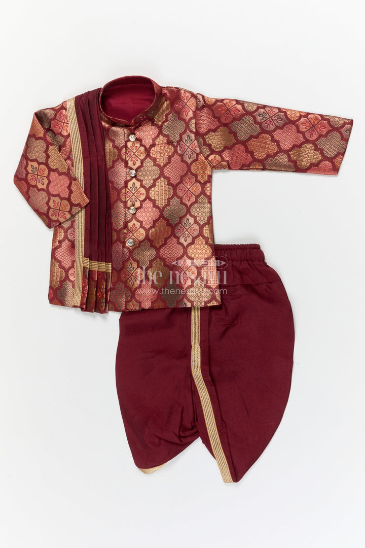 The Nesavu Boys Dothi Set Toddler Boys Festive Dhoti Kurta Set with Traditional Jacket Styling Nesavu 12 (3M) / Maroon / Banarasi BES949B-12 Nesavu toddler boys jacquard silk dhoti kurta set with festive jacket-style kurta and zari detailing