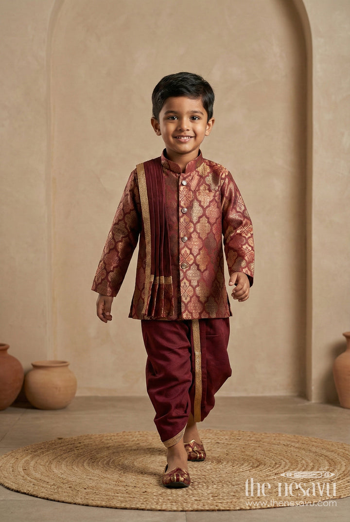 The Nesavu Boys Dothi Set Toddler Boys Festive Dhoti Kurta Set with Traditional Jacket Styling Nesavu 12 (3M) / Maroon / Banarasi BES949B-12 Nesavu toddler boys jacquard silk dhoti kurta set with festive jacket-style kurta and zari detailing