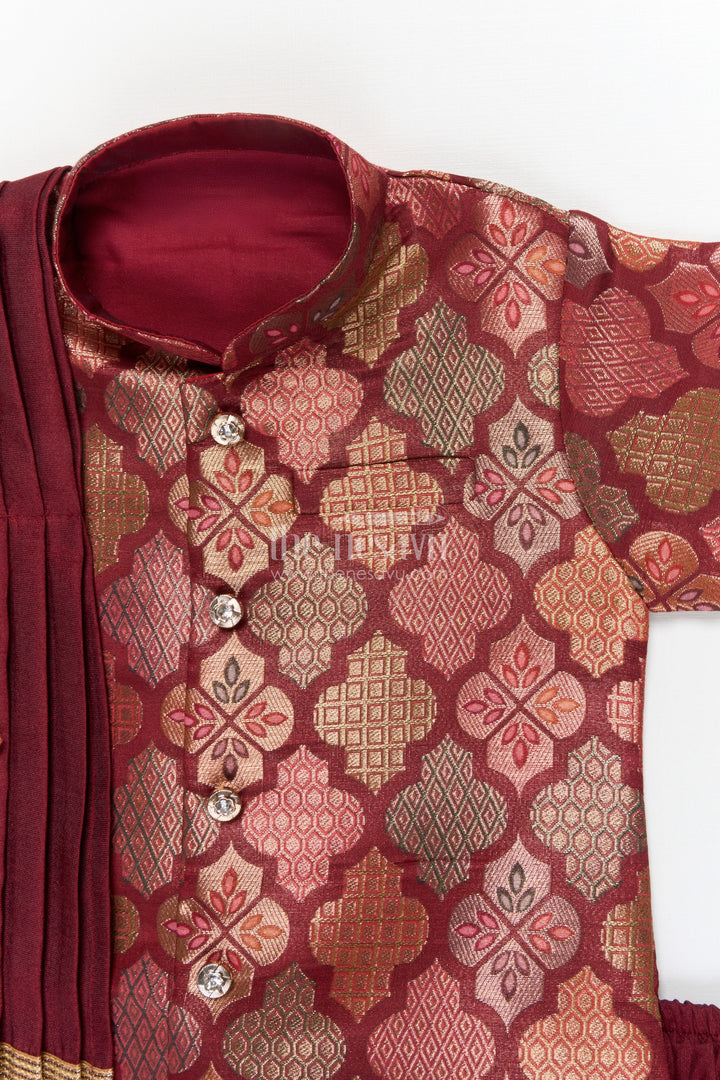 The Nesavu Boys Dothi Set Toddler Boys Festive Dhoti Kurta Set with Traditional Jacket Styling Nesavu Nesavu toddler boys jacquard silk dhoti kurta set with festive jacket-style kurta and zari detailing