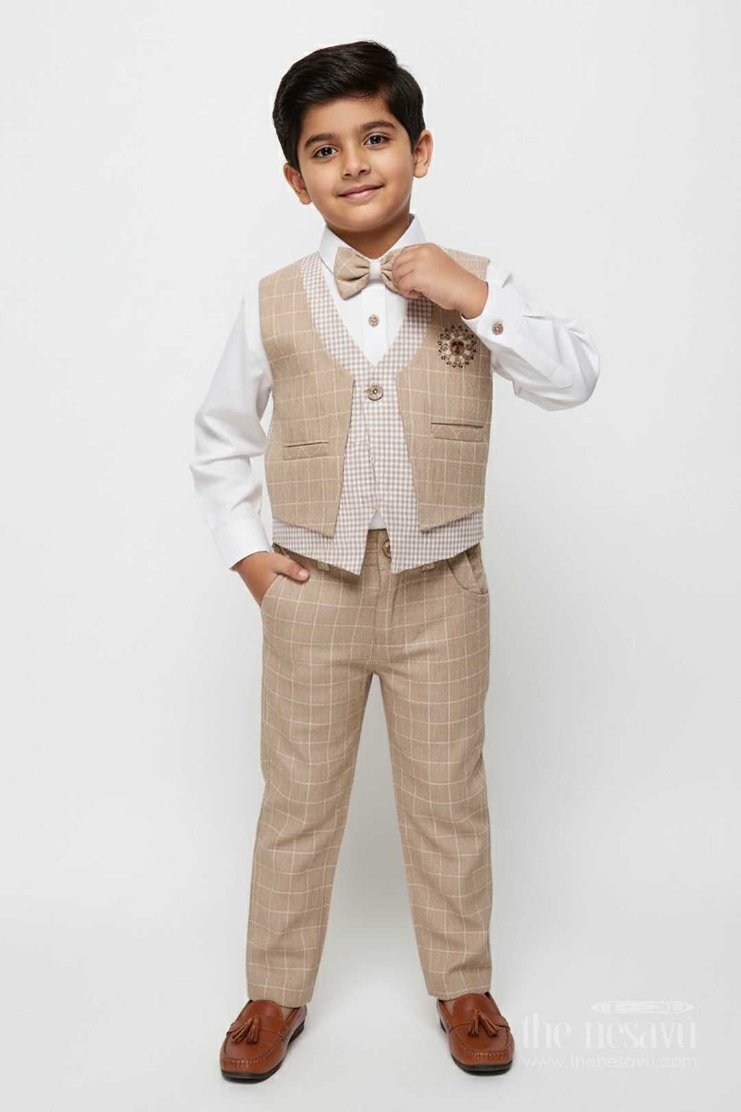 The Nesavu Boys Casual Set Toddler Boys Festive Jacket Set In Beige for Weddings and Events Nesavu 14 (6M) / Beige BCS472B-14 Nesavu toddler boys festive jacket set beige cotton weddings traditional celebrations