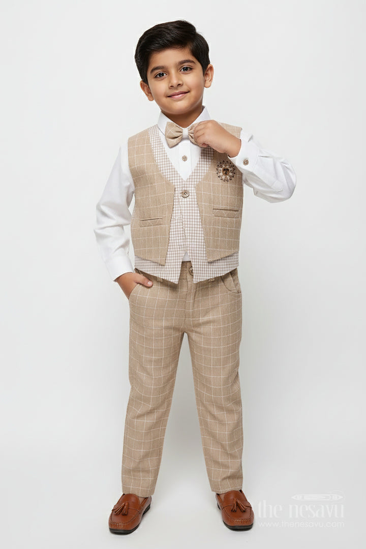 The Nesavu Boys Casual Set Toddler Boys Festive Jacket Set In Beige for Weddings and Events Nesavu 14 (6M) / Beige BCS472B-14 Nesavu toddler boys festive jacket set beige cotton weddings traditional celebrations