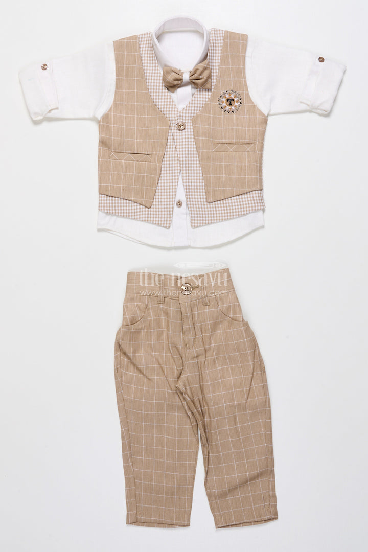 The Nesavu Boys Casual Set Toddler Boys Festive Jacket Set In Beige for Weddings and Events Nesavu Nesavu toddler boys festive jacket set beige cotton weddings traditional celebrations