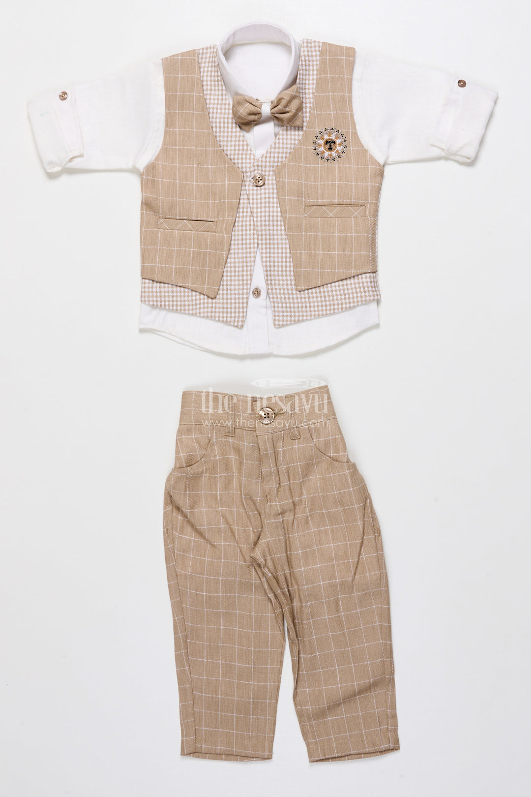 The Nesavu Boys Casual Set Toddler Boys Festive Jacket Set In Beige for Weddings and Events Nesavu Nesavu toddler boys festive jacket set beige cotton weddings traditional celebrations
