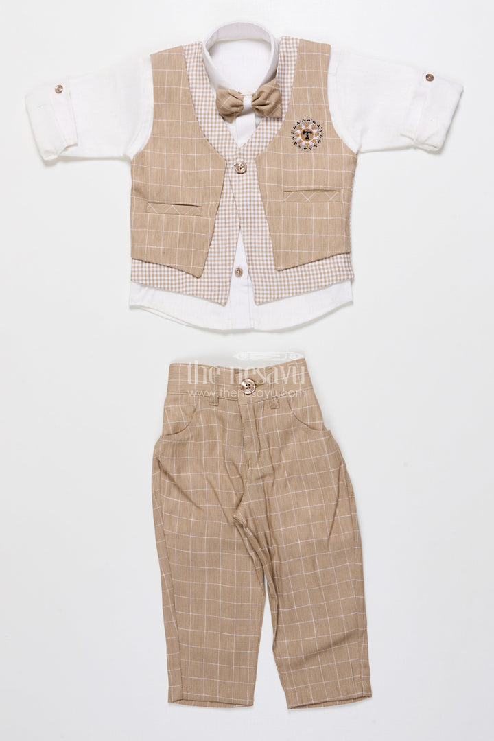 The Nesavu Boys Casual Set Toddler Boys Festive Jacket Set In Beige for Weddings and Events Nesavu Nesavu toddler boys festive jacket set beige cotton weddings traditional celebrations