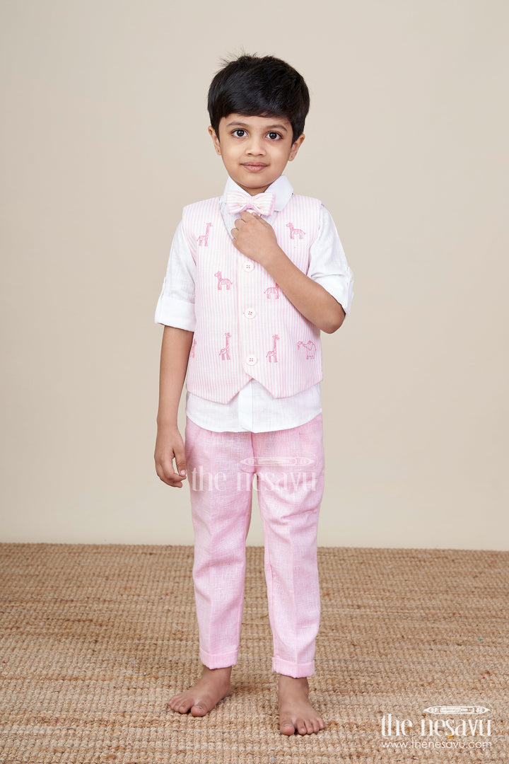 The Nesavu Boys Casual Set Toddler Boys Festive Outfit with Animal Embroidery Jacket and Cotton Pants Nesavu 16 (1Y) / Pink BCS440C-16 Nesavu toddler boys festive cotton outfit embroidered jacket bow tie ceremonies