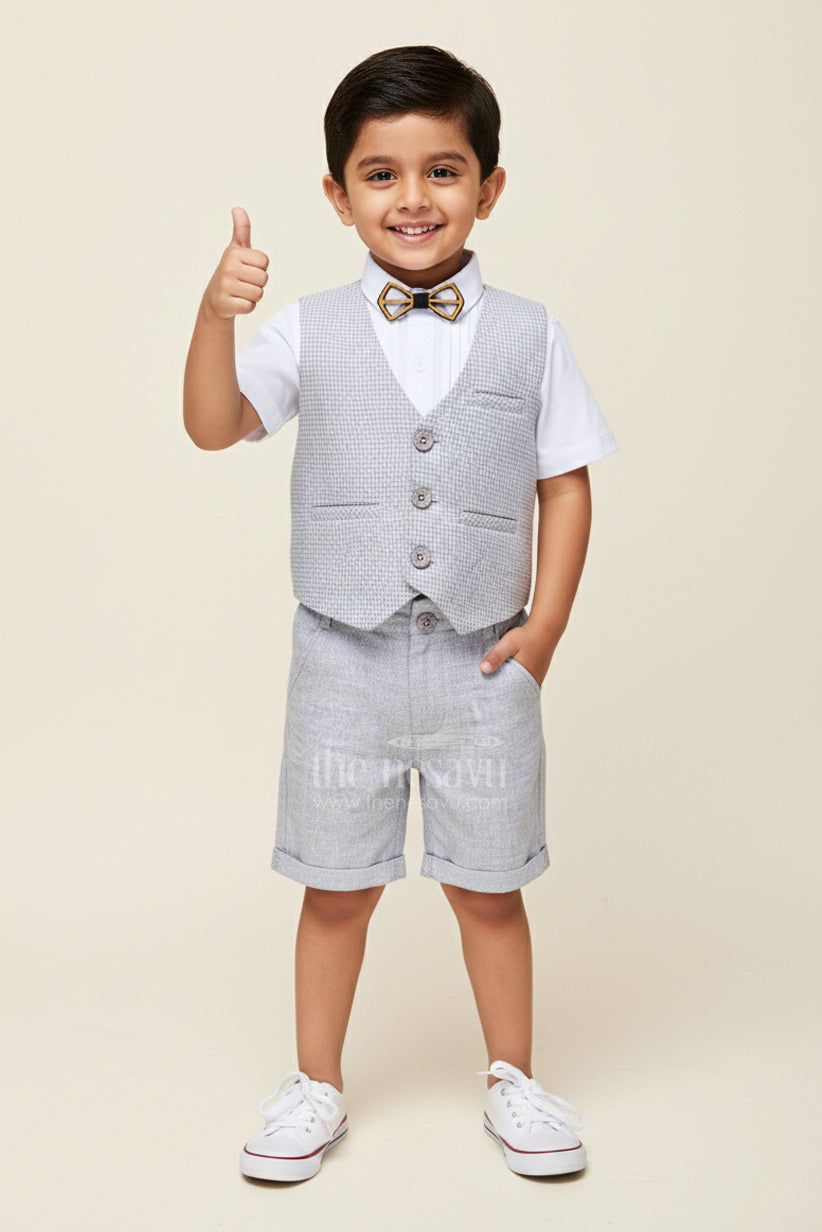 The Nesavu Boys Casual Set Toddler Boys Formal Cotton Set with Checked Jacket and Bow Tie Nesavu 16 (1Y) / Gray BCS375A-16 Nesavu toddler boys cotton shirt, checked jacket, and shorts set with bow tie
