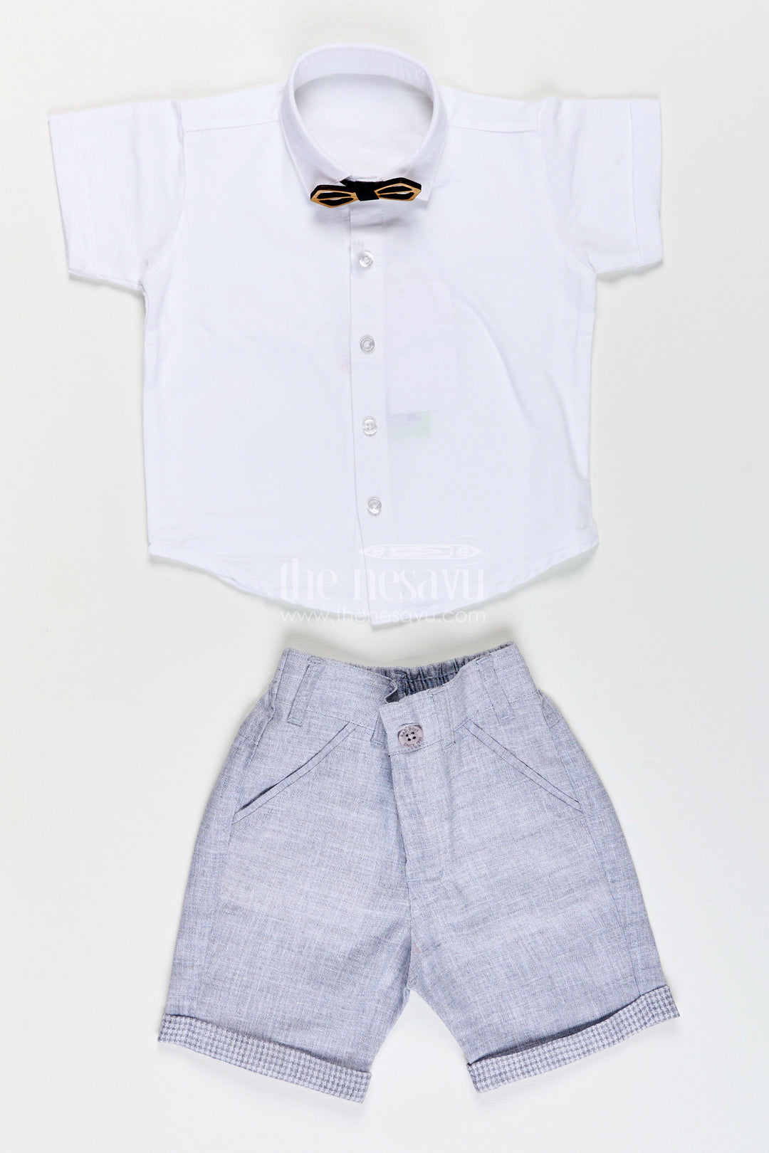 The Nesavu Boys Casual Set Toddler Boys Formal Cotton Set with Checked Jacket and Bow Tie Nesavu Nesavu toddler boys cotton shirt, checked jacket, and shorts set with bow tie