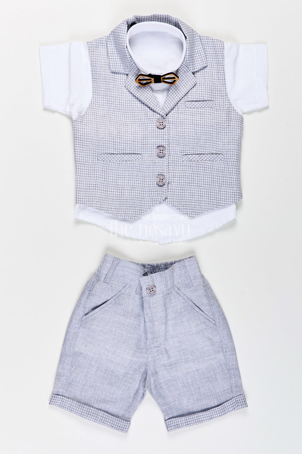 The Nesavu Boys Casual Set Toddler Boys Formal Cotton Set with Checked Jacket and Bow Tie Nesavu Nesavu toddler boys cotton shirt, checked jacket, and shorts set with bow tie