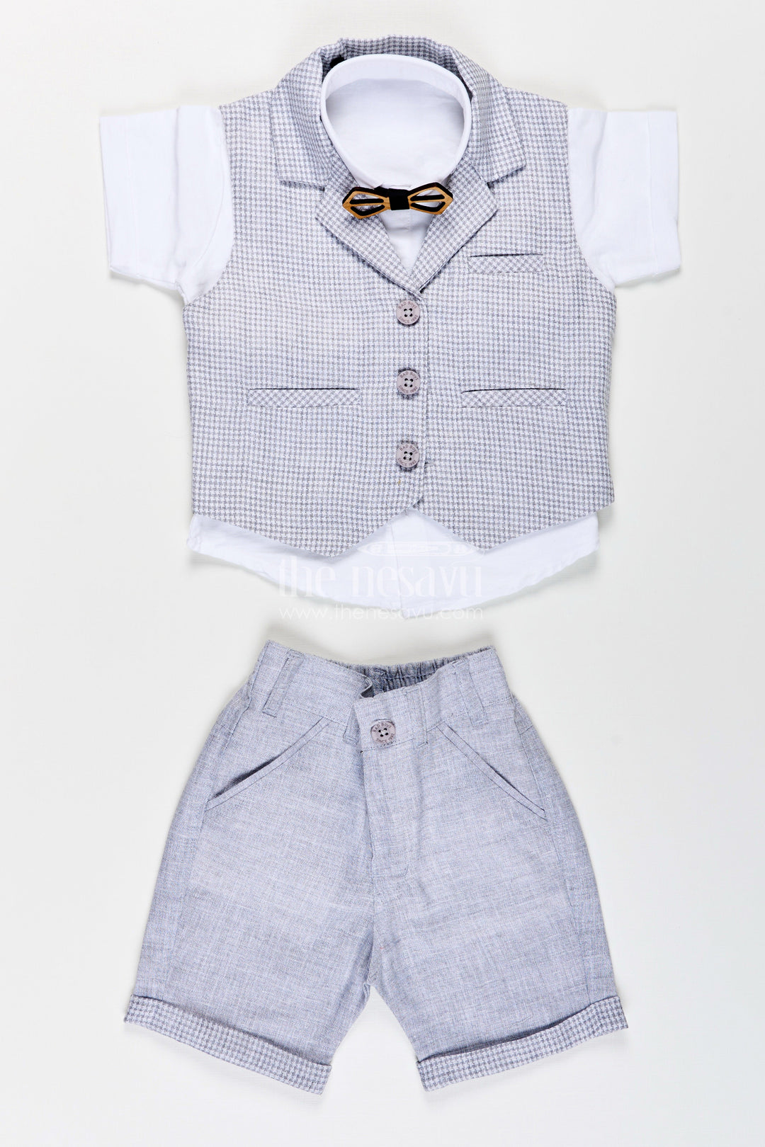 The Nesavu Boys Casual Set Toddler Boys Formal Cotton Set with Checked Jacket and Bow Tie Nesavu Nesavu toddler boys cotton shirt, checked jacket, and shorts set with bow tie