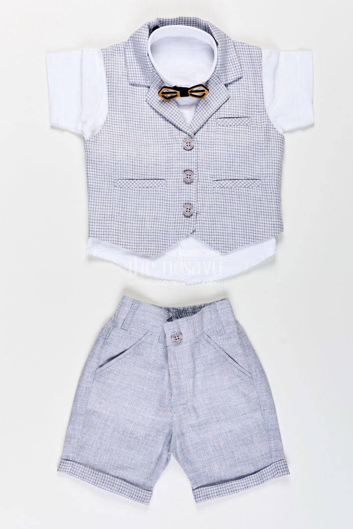 The Nesavu Boys Casual Set Toddler Boys Formal Cotton Set with Checked Jacket and Bow Tie Nesavu Nesavu toddler boys cotton shirt, checked jacket, and shorts set with bow tie