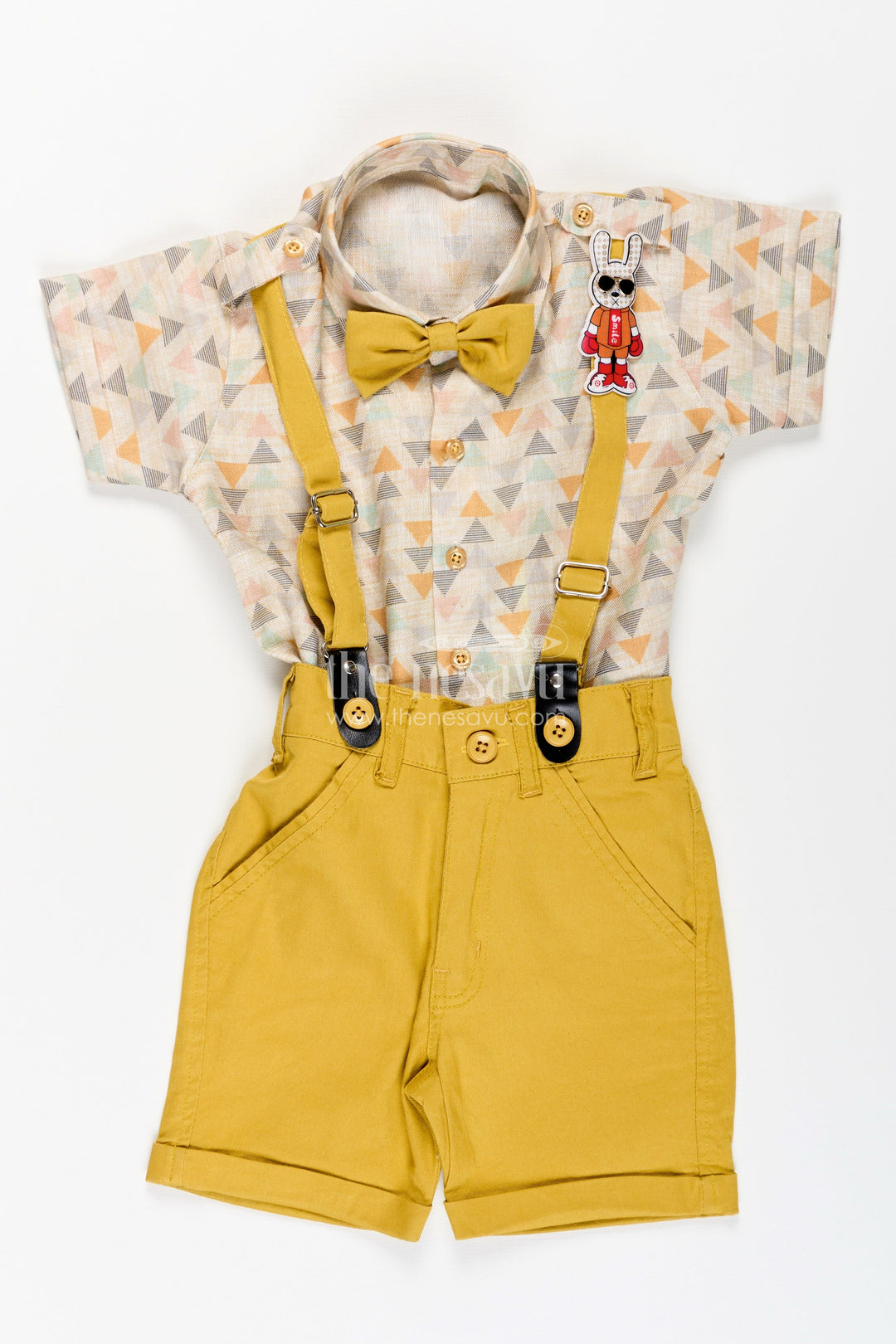 The Nesavu Boys Casual Set Toddler Boys Geometric Print Shirt and Mustard Shorts Set with Cap and Suspenders Nesavu 16 (1Y) / Yellow BCS374A-16 Nesavu toddler boys printed cotton shirt with mustard shorts, cap, and suspenders