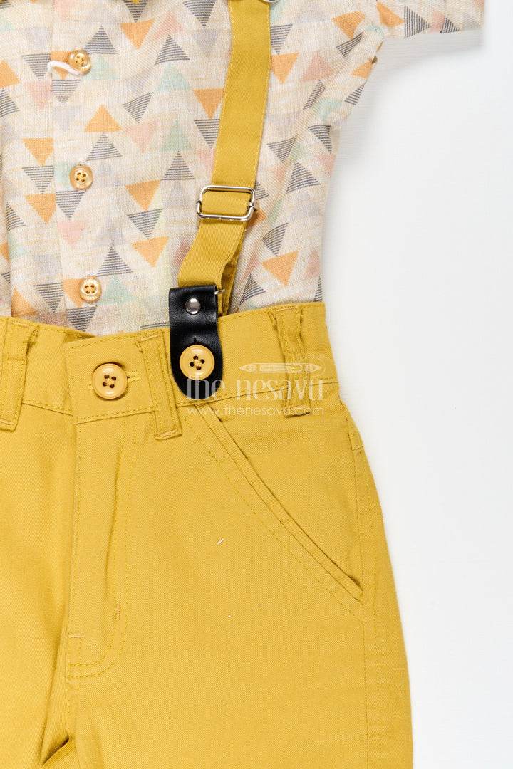 The Nesavu Boys Casual Set Toddler Boys Geometric Print Shirt and Mustard Shorts Set with Cap and Suspenders Nesavu Nesavu toddler boys printed cotton shirt with mustard shorts, cap, and suspenders
