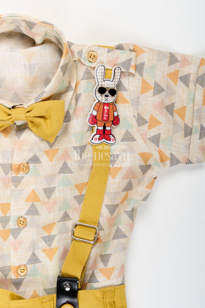 The Nesavu Boys Casual Set Toddler Boys Geometric Print Shirt and Mustard Shorts Set with Cap and Suspenders Nesavu Nesavu toddler boys printed cotton shirt with mustard shorts, cap, and suspenders