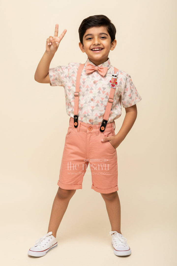 The Nesavu Boys Casual Set Toddler Boys Geometric Print Shirt and Terracotta Shorts Set with Cap and Suspenders Nesavu 16 (1Y) / Peach BCS374B-16 Nesavu toddler boys geometric print shirt with terracotta shorts, cap, and suspenders