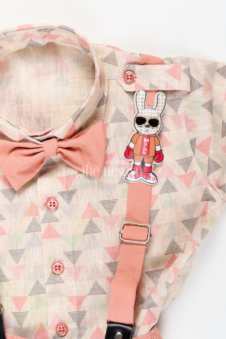 The Nesavu Boys Casual Set Toddler Boys Geometric Print Shirt and Terracotta Shorts Set with Cap and Suspenders Nesavu Nesavu toddler boys geometric print shirt with terracotta shorts, cap, and suspenders