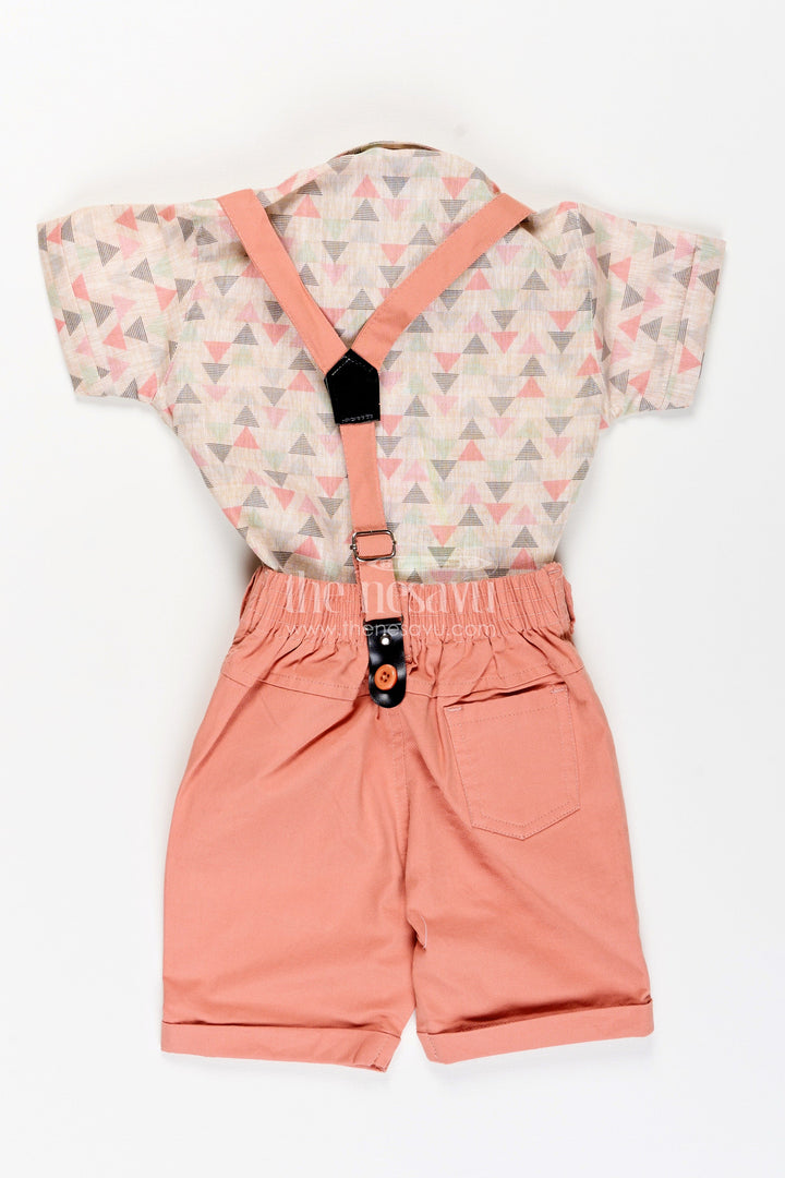 The Nesavu Boys Casual Set Toddler Boys Geometric Print Shirt and Terracotta Shorts Set with Cap and Suspenders Nesavu Nesavu toddler boys geometric print shirt with terracotta shorts, cap, and suspenders