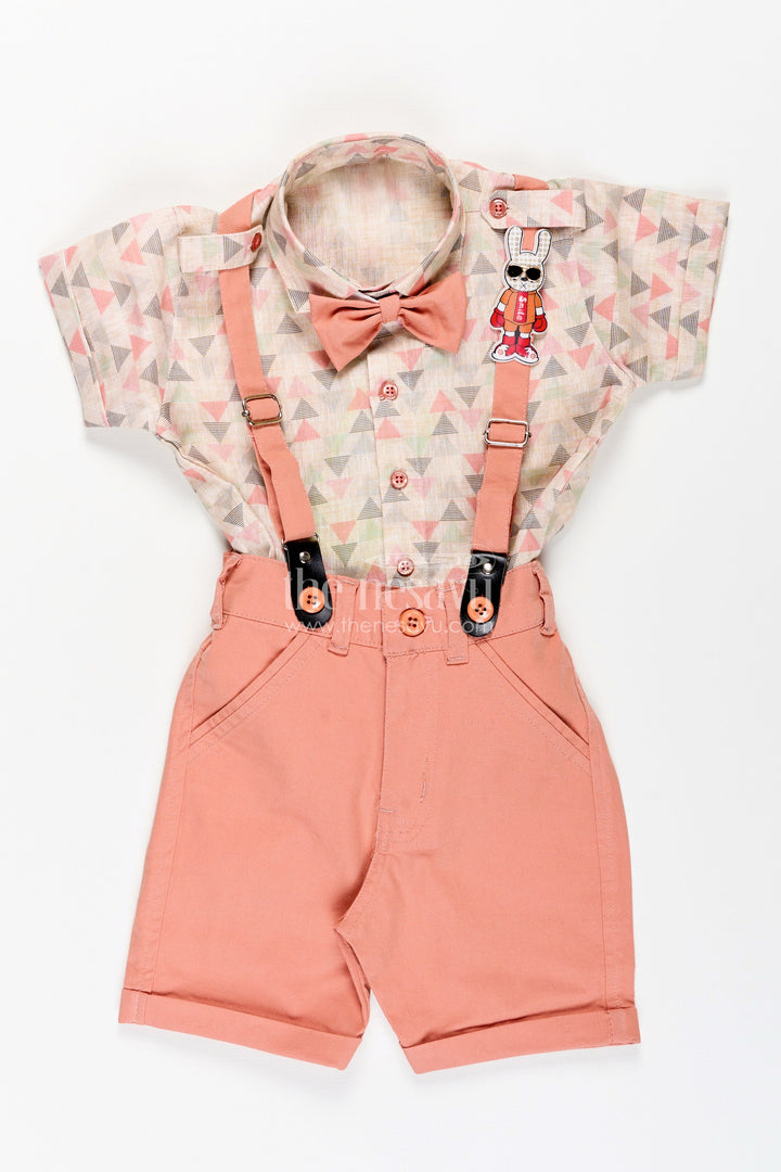 The Nesavu Boys Casual Set Toddler Boys Geometric Print Shirt and Terracotta Shorts Set with Cap and Suspenders Nesavu Nesavu toddler boys geometric print shirt with terracotta shorts, cap, and suspenders