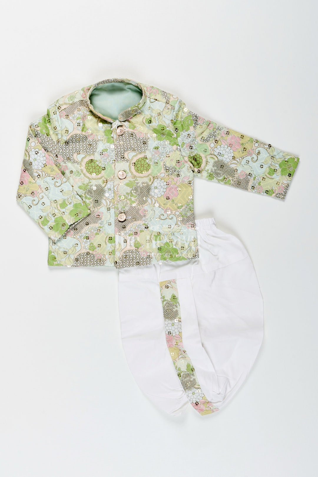 The Nesavu Boys Dothi Set Toddler Boys Green Printed Cotton Blend Dothi Set for Weddings and Temple Visits Nesavu 12 (3M) / Green BES874A-12 Nesavu toddler boys green printed cotton blend dothi set embroidered jacket weddings