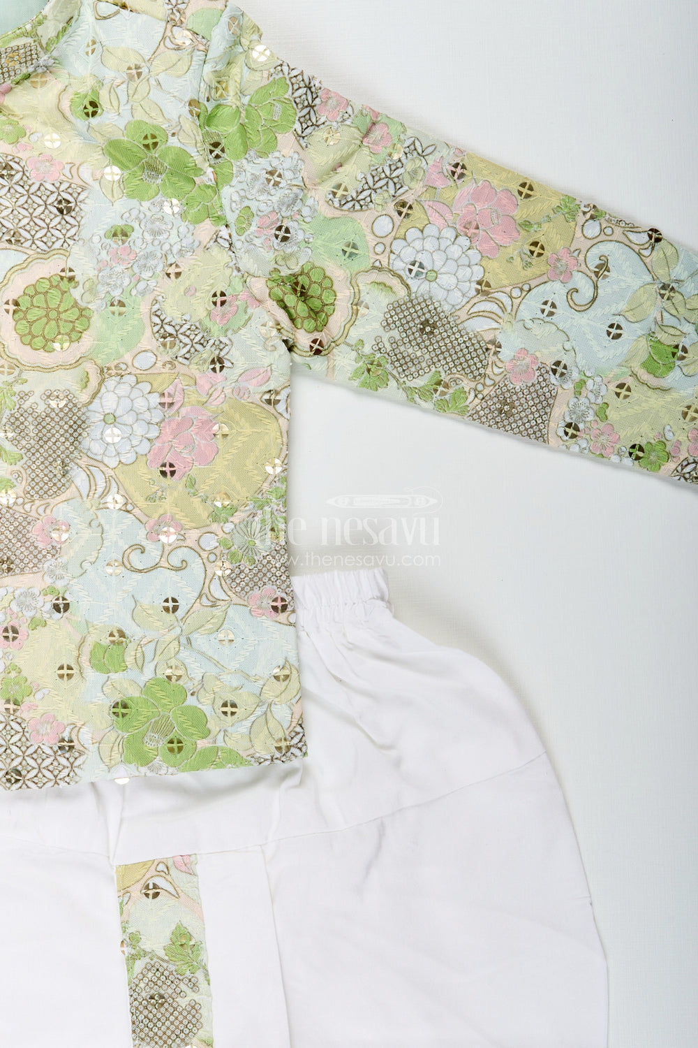 The Nesavu Boys Dothi Set Toddler Boys Green Printed Cotton Blend Dothi Set for Weddings and Temple Visits Nesavu Nesavu toddler boys green printed cotton blend dothi set embroidered jacket weddings