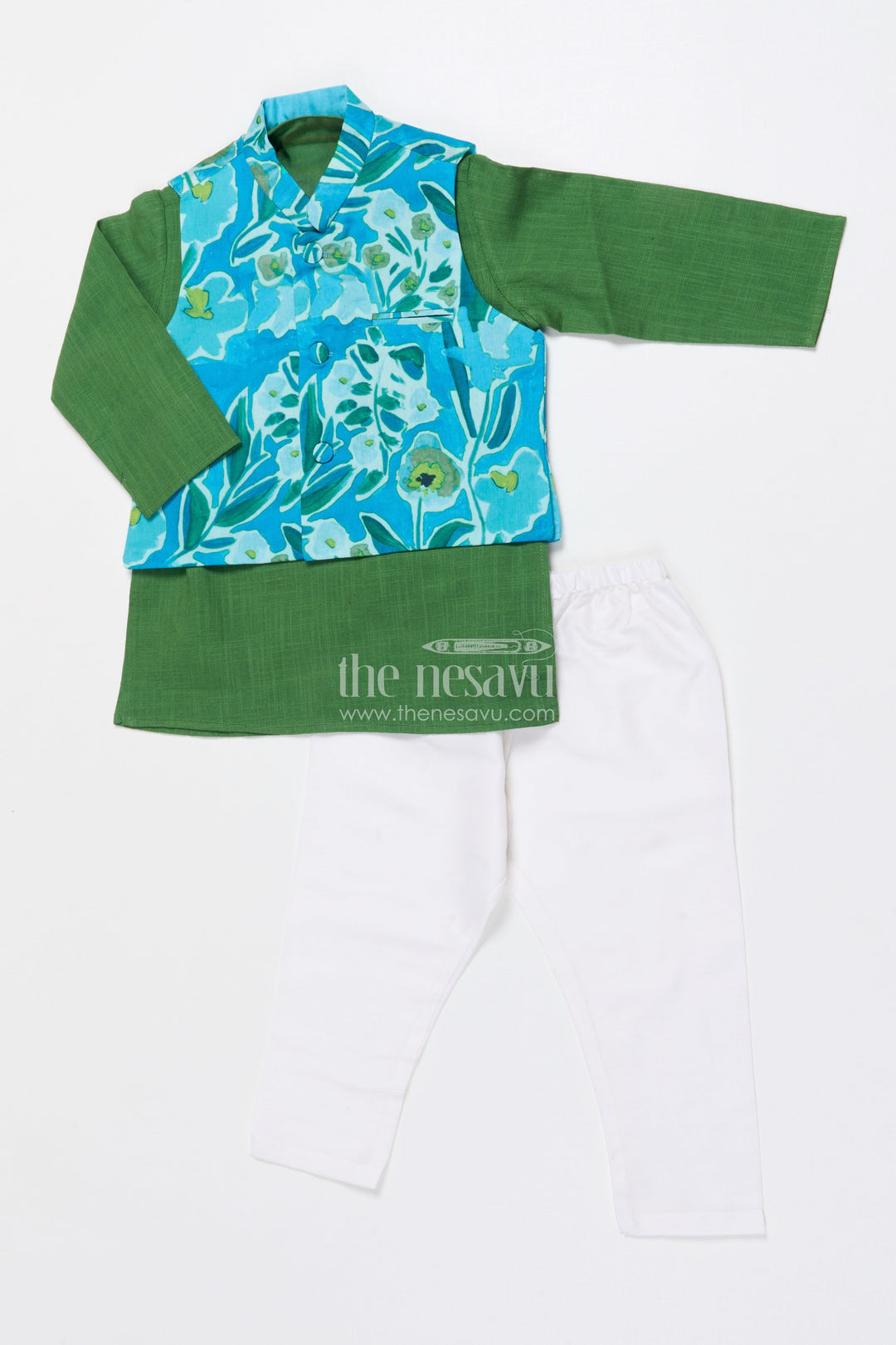 The Nesavu Boys Jacket Sets Toddler Boys Jacket Set for Festive Functions and Weddings Nesavu 16 (1Y) / Green BES788A-16 Nesavu toddler boys festive jacket set digital print weddings celebrations