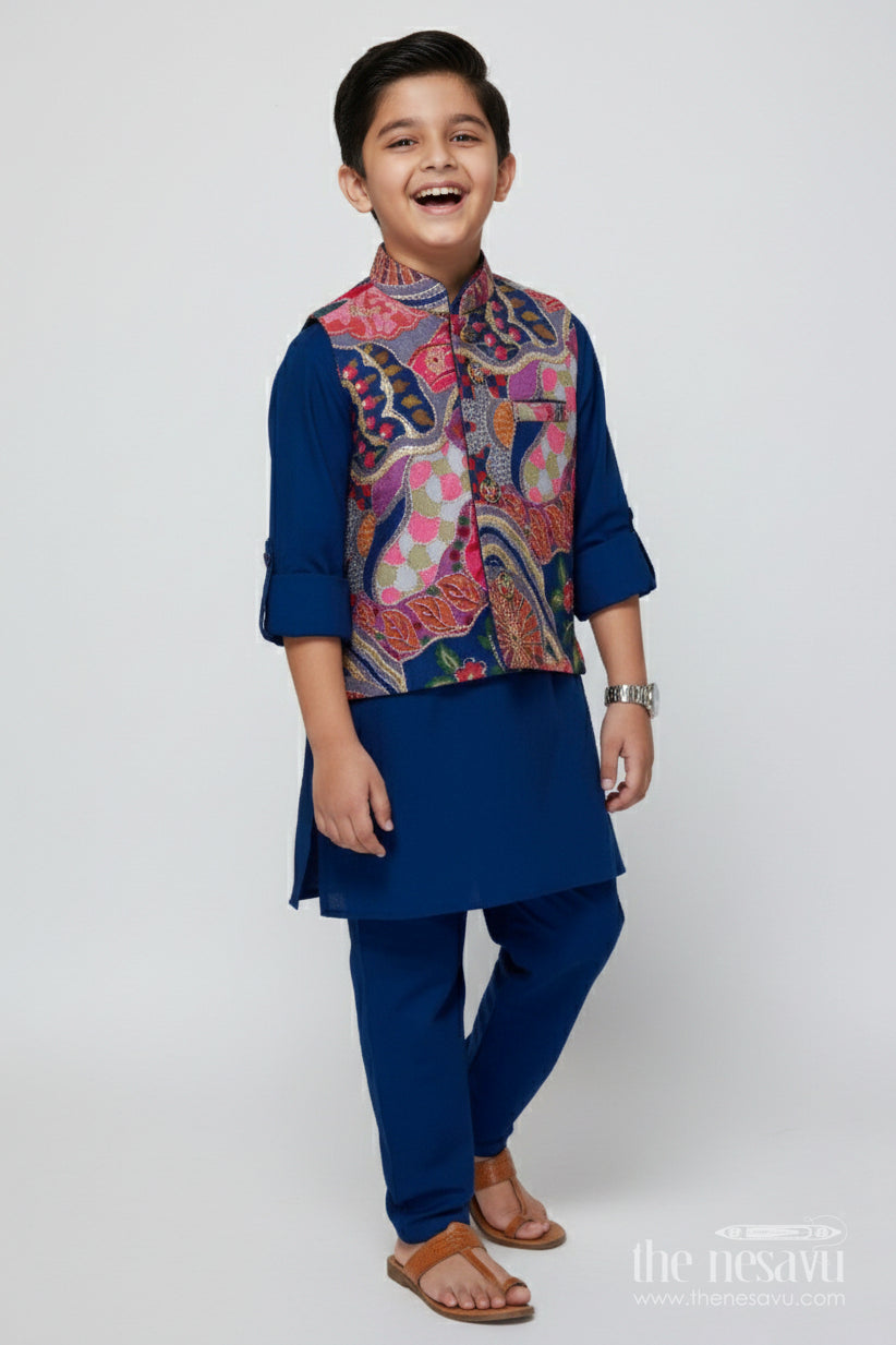 The Nesavu Boys Jacket Sets Toddler Boys Jacket Set for Weddings and Ethnic Celebrations Nesavu 14 (6M) / Blue BES828A-14 Nesavu boys festive jacket kurta set designer Nehru jacket weddings cultural events