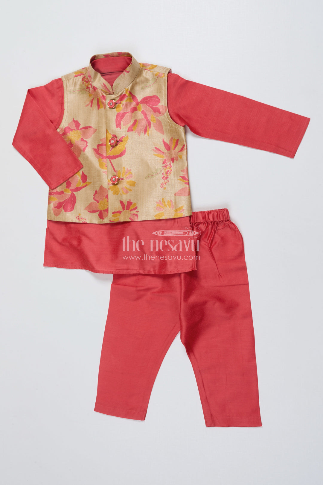 The Nesavu Boys Jacket Sets Toddler Boys Jacket Set with Printed Festive Waistcoat Nesavu 14 (6M) / Pink BES714A-14 Nesavu toddler boys jacket set digital print festive waistcoat ethnic occasions