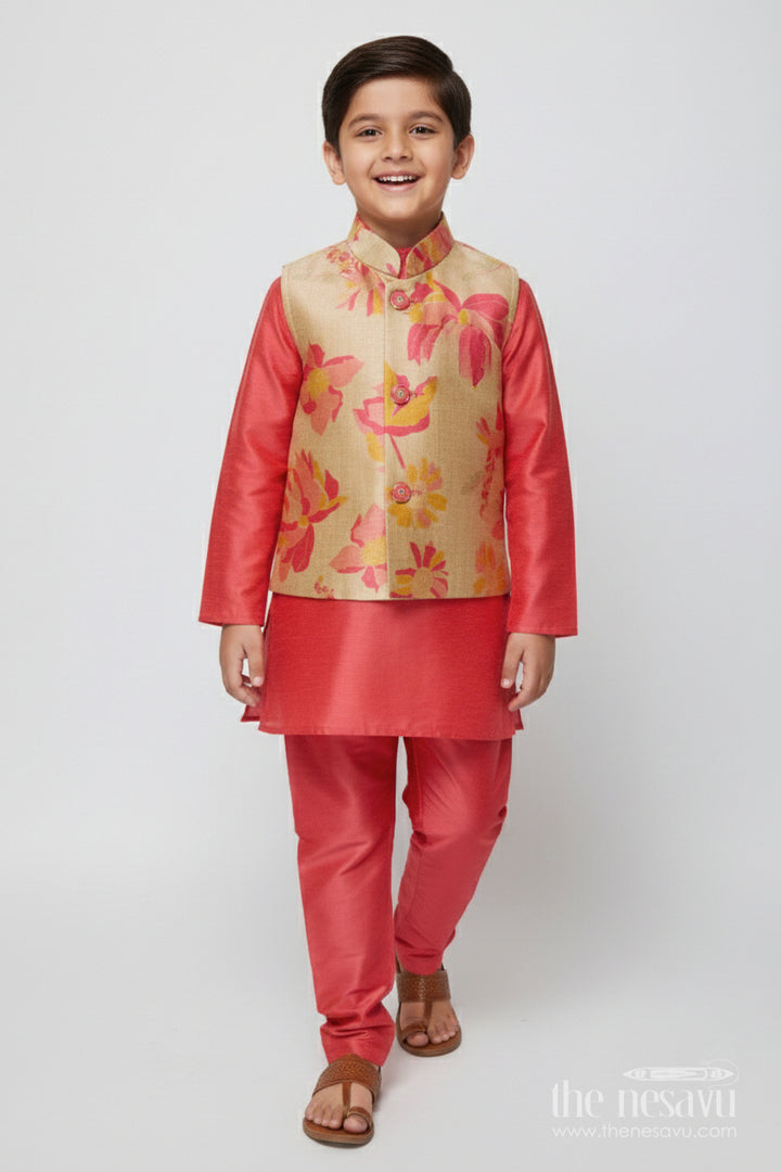 The Nesavu Boys Jacket Sets Toddler Boys Jacket Set with Printed Festive Waistcoat Nesavu 14 (6M) / Pink BES714A-14 Nesavu toddler boys jacket set digital print festive waistcoat ethnic occasions