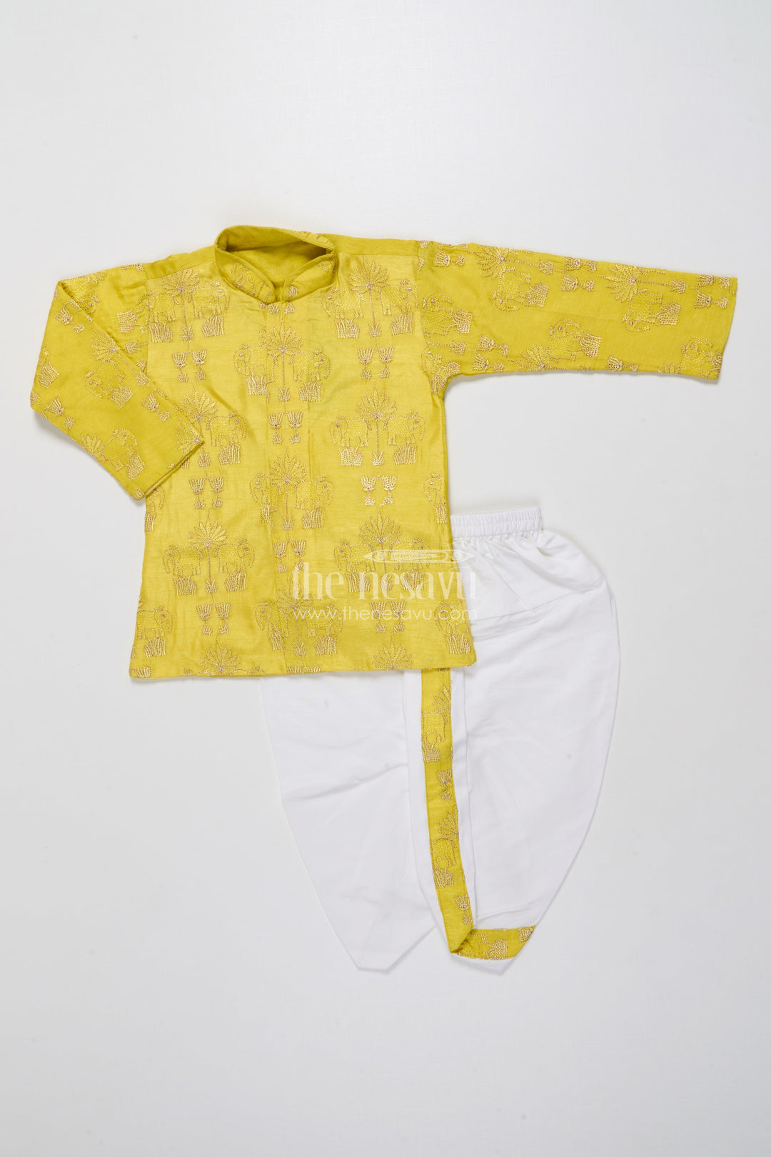 The Nesavu Boys Dothi Set Toddler Boys Kurta Dothi Set for Weddings and Traditional Occasions Nesavu 14 (6M) / Yellow BES776A-14 Nesavu toddler boys kurta dothi set embroidery weddings festive celebrations