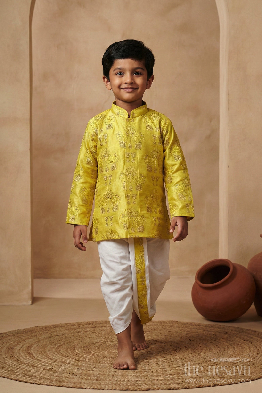 The Nesavu Boys Dothi Set Toddler Boys Kurta Dothi Set for Weddings and Traditional Occasions Nesavu Nesavu toddler boys kurta dothi set embroidery weddings festive celebrations