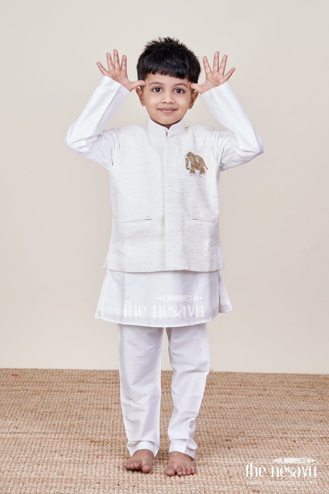 The Nesavu Boys Jacket Sets Toddler Boys Kurta Jacket Set for Weddings and Traditional Wear Nesavu 18 (2Y) / Cream BES752A-18 Nesavu toddler boy kurta jacket set soft cotton festive events traditional functions