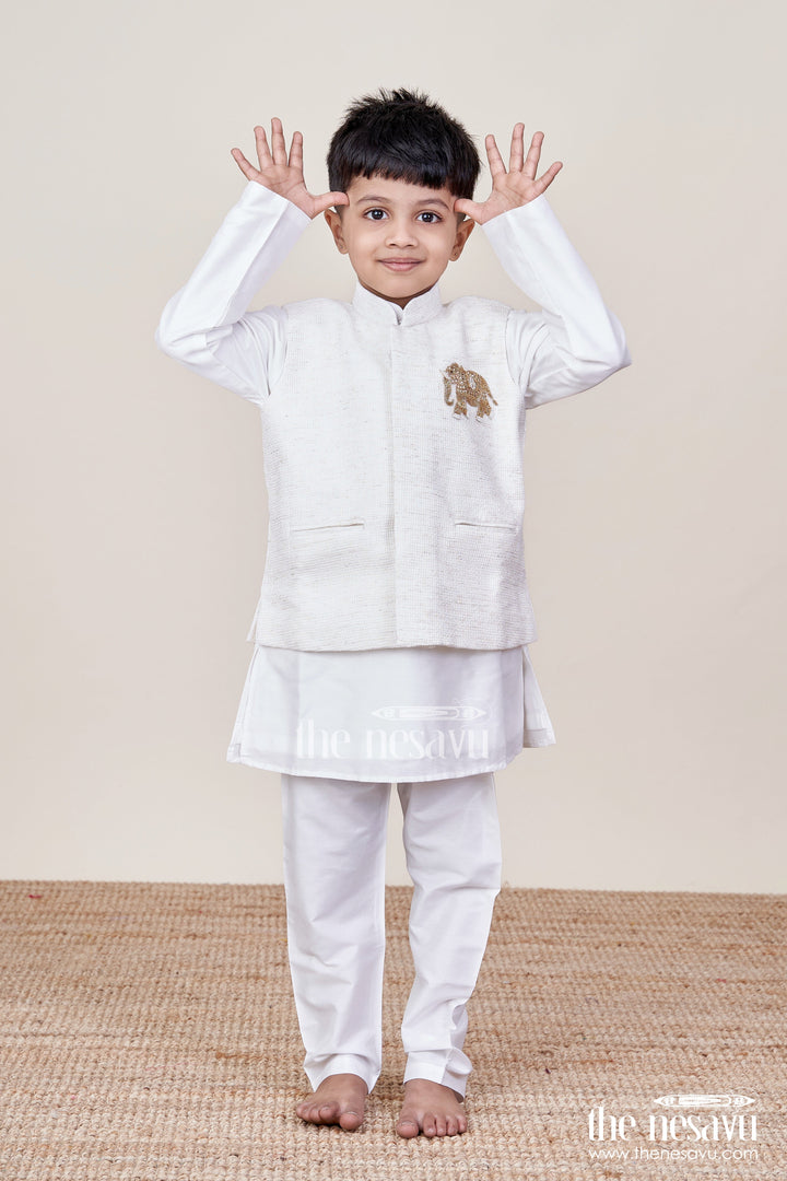 The Nesavu Boys Jacket Sets Toddler Boys Kurta Jacket Set for Weddings and Traditional Wear Nesavu 18 (2Y) / Cream BES752A-18 Nesavu toddler boy kurta jacket set soft cotton festive events traditional functions