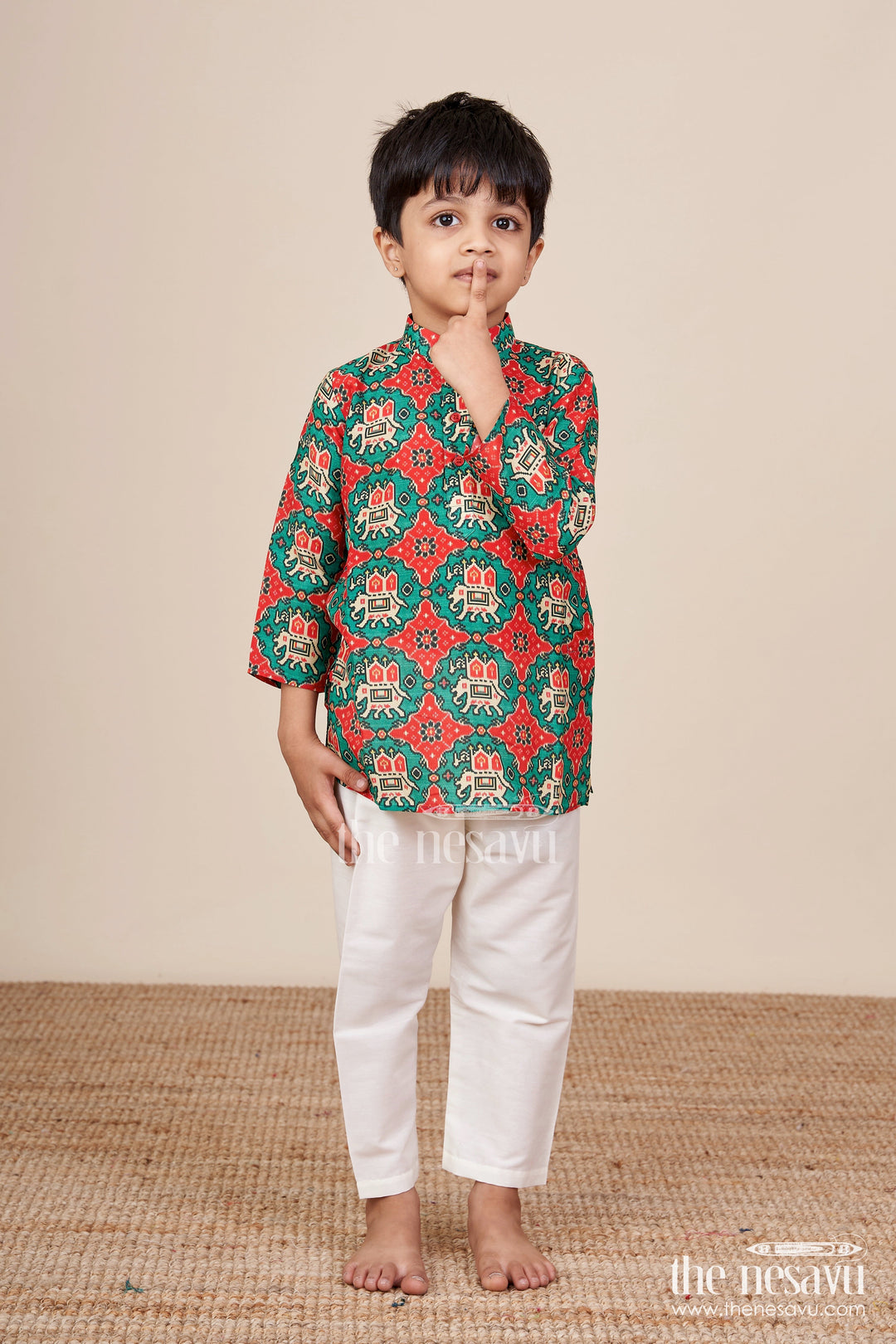 The Nesavu Boys Kurtha Set Toddler Boys Kurta Set for Traditional Functions and Festive Celebrations Nesavu 12 (3M) / Red BES718A-12 Nesavu toddler boys kurta set patola print  perfect poojas traditional celebrations
