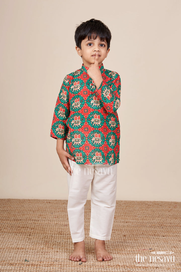 The Nesavu Boys Kurtha Set Toddler Boys Kurta Set for Traditional Functions and Festive Celebrations Nesavu 12 (3M) / Red BES718A-12 Nesavu toddler boys kurta set patola print  perfect poojas traditional celebrations