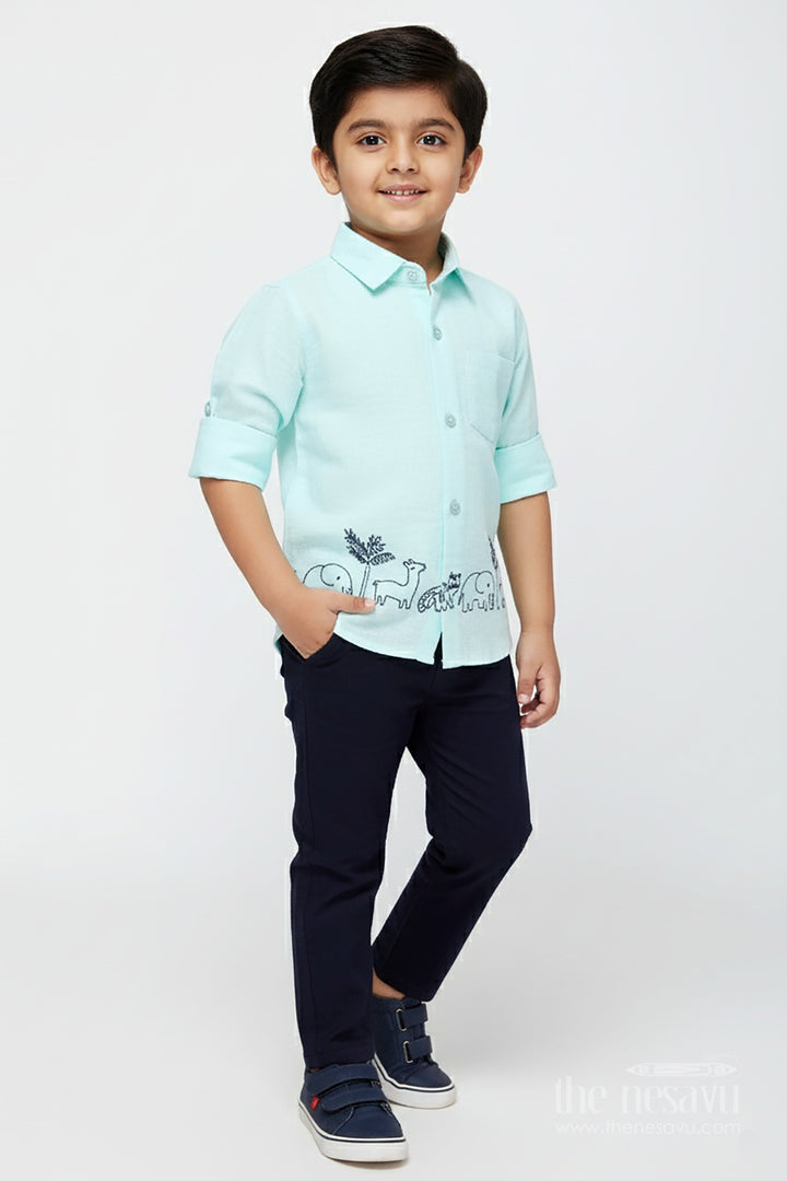 The Nesavu Boys Casual Set Toddler Boys Mint Muslin Cotton Embroidered Shirt and Navy Pants Set Nesavu 14 (6M) / Blue BCS386A-14 Nesavu toddler boys mint muslin cotton shirt with animal embroidery and navy pants