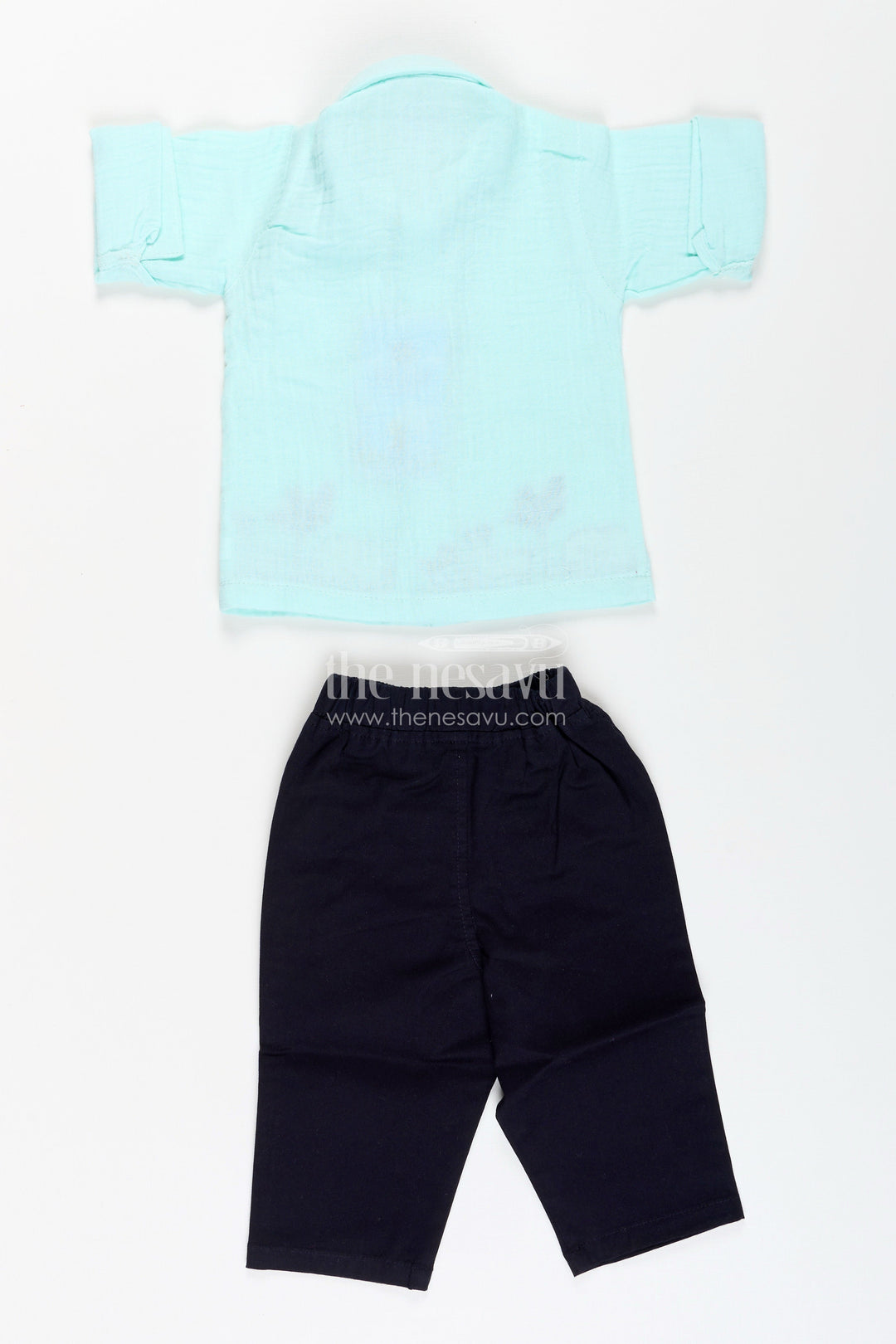 The Nesavu Boys Casual Set Toddler Boys Mint Muslin Cotton Embroidered Shirt and Navy Pants Set Nesavu Nesavu toddler boys mint muslin cotton shirt with animal embroidery and navy pants