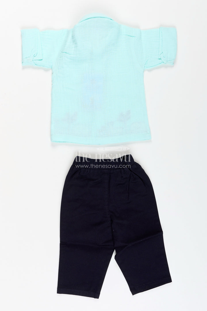 The Nesavu Boys Casual Set Toddler Boys Mint Muslin Cotton Embroidered Shirt and Navy Pants Set Nesavu Nesavu toddler boys mint muslin cotton shirt with animal embroidery and navy pants