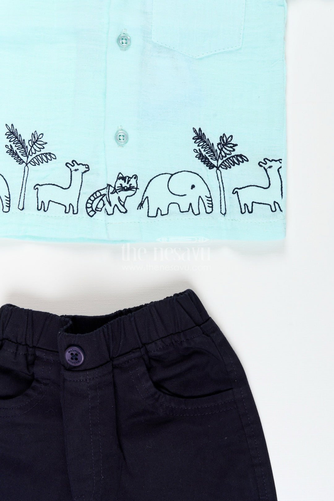 The Nesavu Boys Casual Set Toddler Boys Mint Muslin Cotton Embroidered Shirt and Navy Pants Set Nesavu Nesavu toddler boys mint muslin cotton shirt with animal embroidery and navy pants
