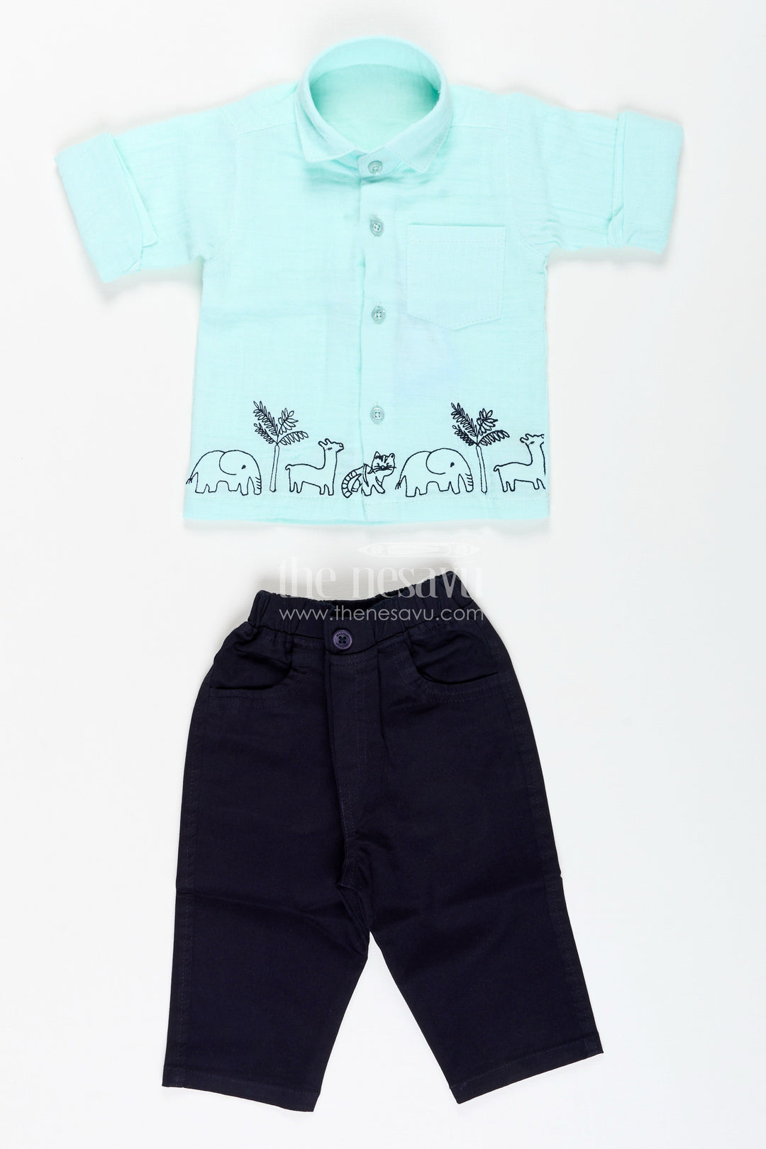The Nesavu Boys Casual Set Toddler Boys Mint Muslin Cotton Embroidered Shirt and Navy Pants Set Nesavu Nesavu toddler boys mint muslin cotton shirt with animal embroidery and navy pants