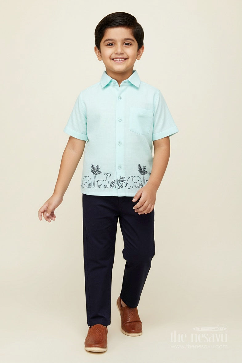 The Nesavu Boys Casual Set Toddler Boys Mint Muslin Cotton Embroidered Shirt and Navy Pants Set Nesavu Nesavu toddler boys mint muslin cotton shirt with animal embroidery and navy pants