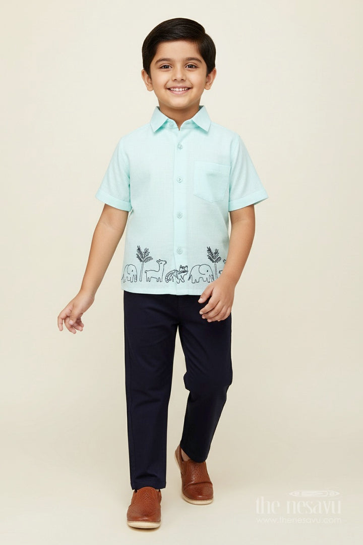 The Nesavu Boys Casual Set Toddler Boys Mint Muslin Cotton Embroidered Shirt and Navy Pants Set Nesavu Nesavu toddler boys mint muslin cotton shirt with animal embroidery and navy pants