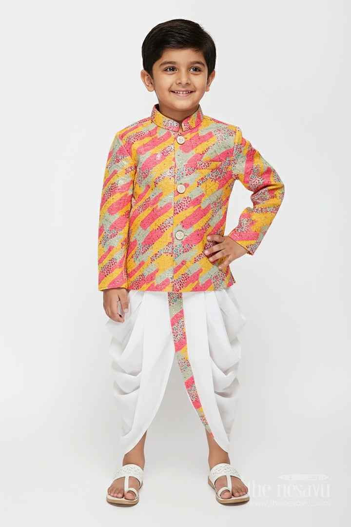 The Nesavu Boys Dothi Set Toddler Boys Multicolor Printed Cotton Blend Dothi Set for Cultural Events Nesavu 12 (3M) / Yellow BES873A-12 Nesavu toddler boys multicolor printed cotton dothi set cultural festive wear