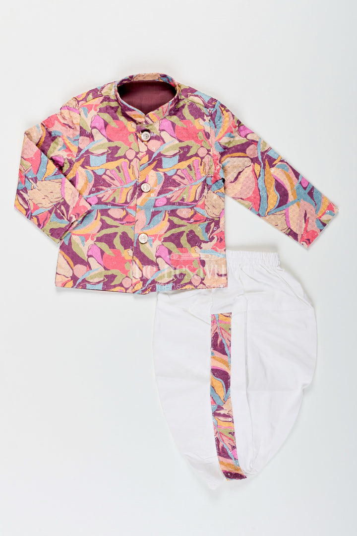 The Nesavu Boys Dothi Set Toddler Boys Multicolor Printed Cotton Blend Dothi Set for Weddings and Festive Wear Nesavu 12 (3M) / Multicolor BES875A-12 Nesavu toddler boys multicolor printed cotton blend dothi set embroidered jacket