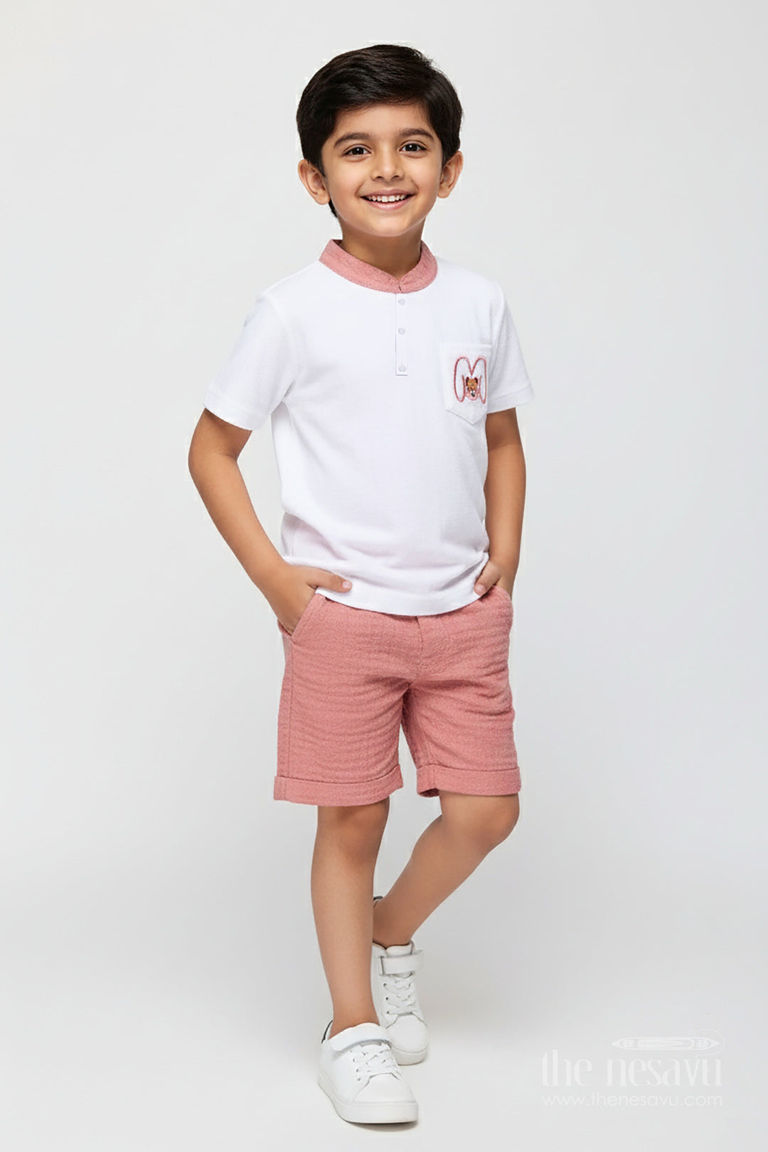 The Nesavu Boys Casual Set Toddler Boys Muslin Cotton Polo Shirt and Shorts Set Nesavu 14 (6M) / Peach BCS383A-14 Nesavu toddler boys muslin cotton polo shirt with bear embroidery and shorts set