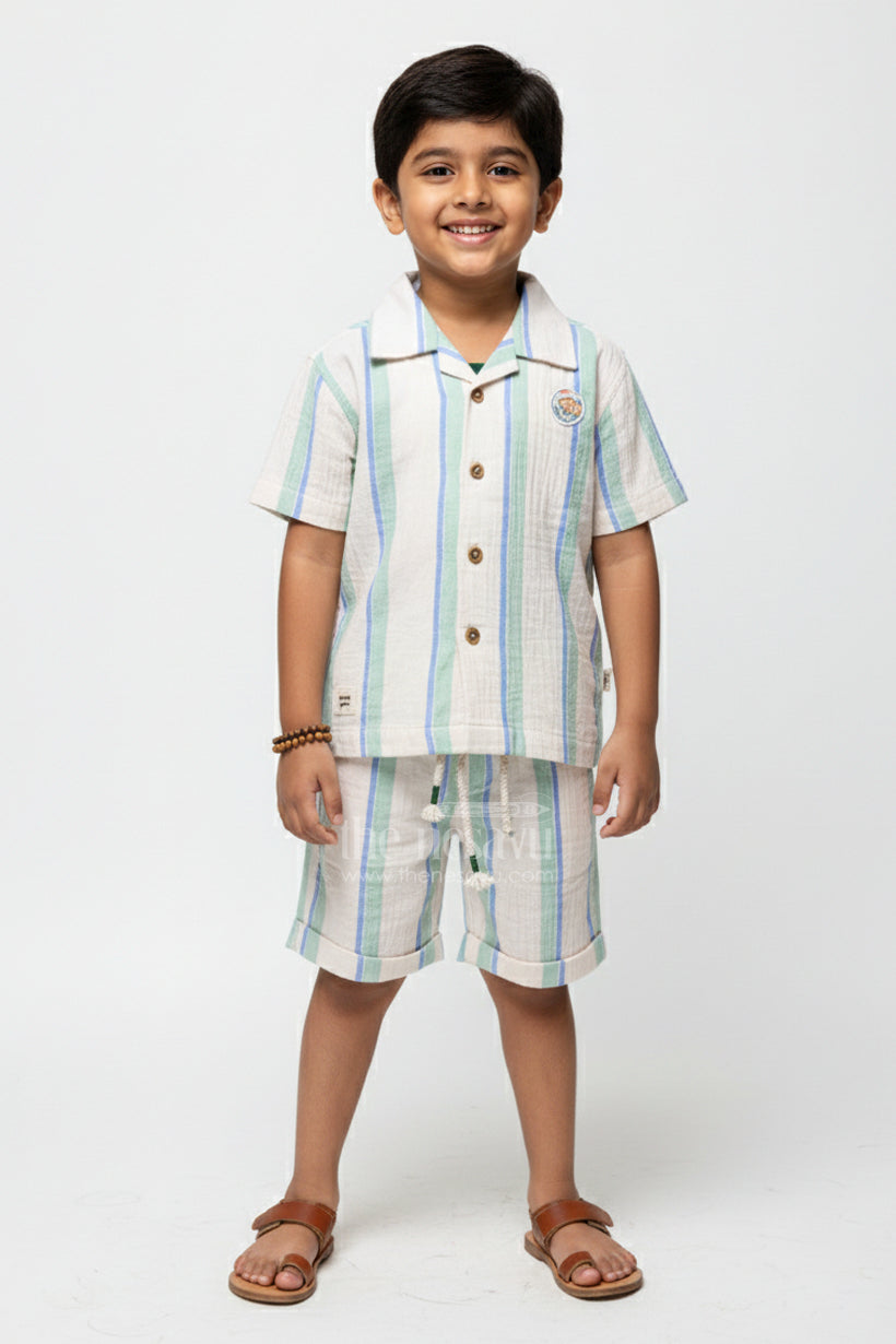 The Nesavu Boys Casual Set Toddler Boys Muslin Stripe Set for Relaxed Dressing and Outings Nesavu 16 (1Y) / Green BCS427B-16 Nesavu toddler boys striped muslin cotton outfit summer play casual events relaxed wear