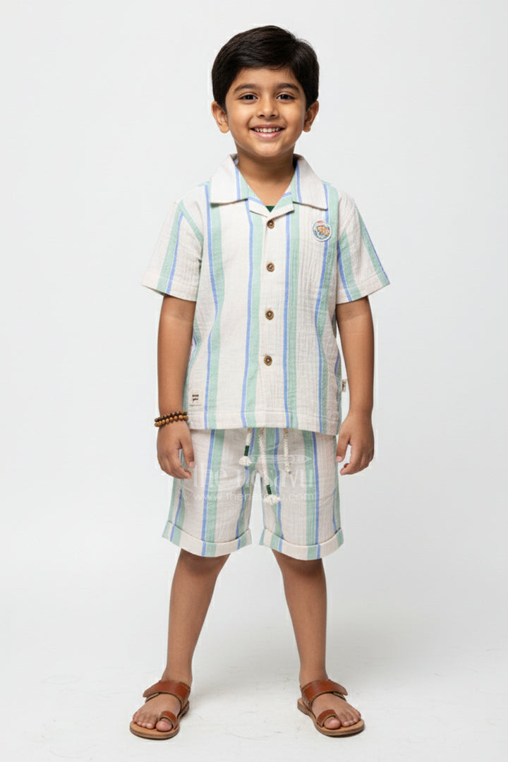 The Nesavu Boys Casual Set Toddler Boys Muslin Stripe Set for Relaxed Dressing and Outings Nesavu 16 (1Y) / Green BCS427B-16 Nesavu toddler boys striped muslin cotton outfit summer play casual events relaxed wear